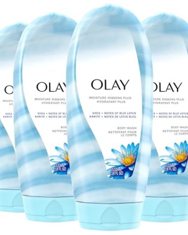 Olay Body Wash for Women, Moisture Ribbons Plus, Deep Conditioning & Moisturizing Formula, Long Lasting Smooth Soft Skin, For All Skin Types, Shea Butter & Blue Lotus Scent, 18 fl oz (Pack of 4)