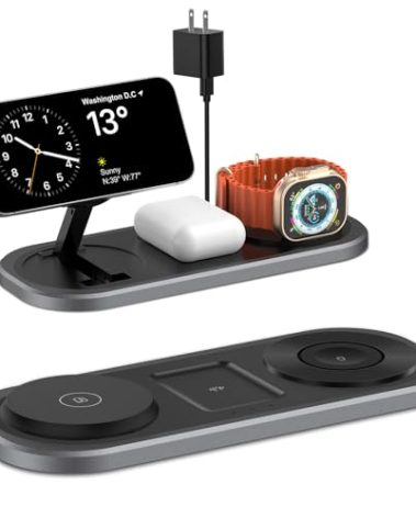 3 in 1 Fast Wireless Charger Stand for iPhone, Foldable Travel Charging Station for Magsafe for iPhone 17/Air/16/15/14/13/12 Series, Apple Watch Serie, AirPods pro/2/3/4, 2025 Christ mas Gifts (Black)