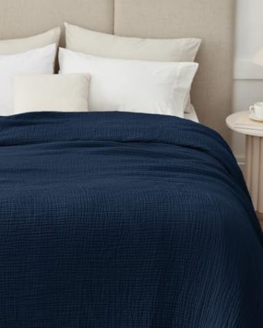 Kozyhvn 100% Cotton Muslin Blankets Twin XL 66" x 90", 6 Layers Breathable and Lightweight Twin Blanket for Bed, Soft Boho Coverlet Bedspread, Gauze Bedding for All Season, Navy