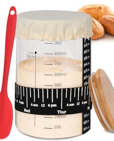 Xileanalee Pro Sourdough Starter Jar Kit- 35 Oz Large Sourdough Starter Glass Jar with Date Marked Feeding Band,Thermometer,Spatula,Cloth Cover& Lid for Sour Dough Bread Loaf