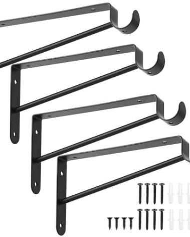 Shelf and Rod Brackets, 4 Pcs Closet Shelf & Rod Brackets Wall Mounted, Heavy Duty Closet Shelf Closet Bracket with Rods Holder, Closet Shelves Supports with Screws, Black