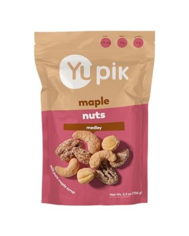 Yupik Mixed Maple Nuts, 5.5 Oz, Gluten-Free Snack, Kosher, Non-GMO, Maple Glazed Nuts, With Pure Maple Syrup, Dry Roasted Almonds, Cashews, Pecans, Hazelnuts, Cozy Cinnamon Flavored Snack
