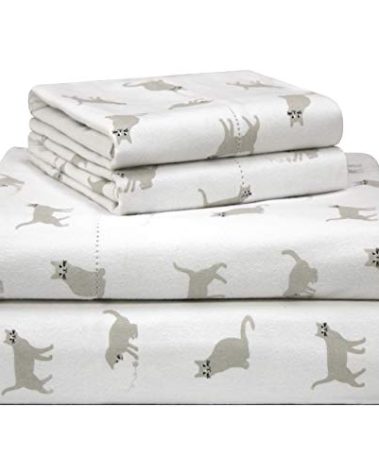 Pointehaven 180 GSM Velvet Feel Luxury 100% Cotton Printed Flannel Sheet Set,4PCS, Queen, Cats - Warm & Cozy - Pre-Shrunk -Deep Pockets - Elastic All Around-Comfy Double Brushed -