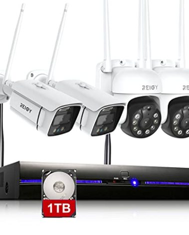 REIGY 3MP WiFi Security Camera System with Floodlight and 1TB Hard Drive Preinstalled, 2K Outdoor Home Surveillance Set 8CH NVR + 4X 1296P IP Cam 2PT, 2-Way Audio Color Night Vision Motion Detection