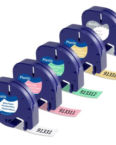 Replace for Dymo Label Maker Refills, Compatible with Dymo Letratag Plastic Label Refill 12mm x 4m-1/2 x 13' for LT-200B LT-100H LT-100T QX50, Black on White/Gold/Pink/Green/Silver, 5-Pack