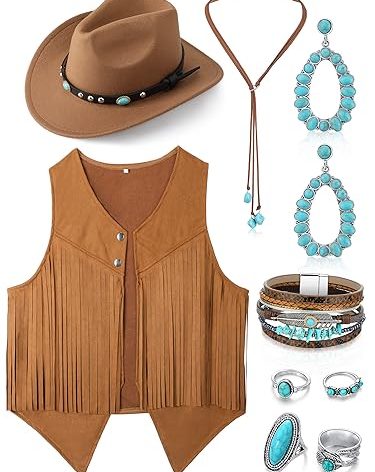 Suhine 9 Pack Western Outfits for Women Cowgirl Fringe Vest Boho Cowboy Hat Turquoise Jewelry Kit for Halloween Costume(Small,Khaki)