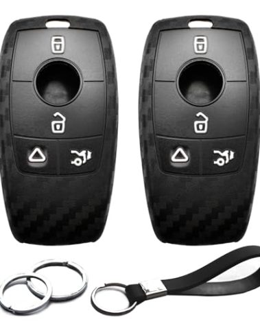 INFIPAR 2pcs Compatible with Mercedes Benz Key Fob Cover Case Key Chain fit for A B C E G S CLA CLS GLA GLB GLC GLE GLS Glass Accessories Protector Keyless Remote Holder Carbon Fiber Black