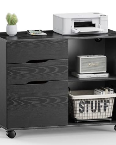 DUMOS Lateral File Cabinet with 3 Drawers Rolling Filing Cabinets Under Desk Storage Printer Stand Wood Organizer with Wheels Adjustable Shelf for Office Home Small Space, Black