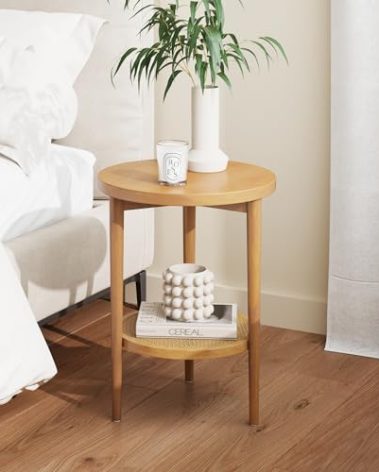 Nathan James Sonia Boho Round Accent End Table, Natural Sofa Side Table in Light Wood with Rattan Storage Shelf for Living Room, Bedroom or Nursery, Light Brown