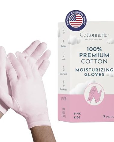 7 Pairs Cottonnerie Cotton Gloves for Dry Hands Sleeping, Moisturizing Gloves Overnight, Hand Moisturizer Gloves, Moisture Gloves for Dry Hands Overnight, Sleeping Eczema Gloves, Kids,Pink