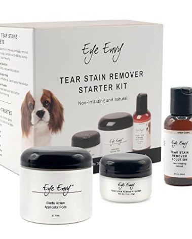 Eye Envy Dog Tear Stain Remover Starter Kit. 100% Natural, Safe. Contains: Stain Solution, Applicator Pads, and Stain Powder. Tear Stain Treatment Kit. Lasts 30-45 Days. Made in USA