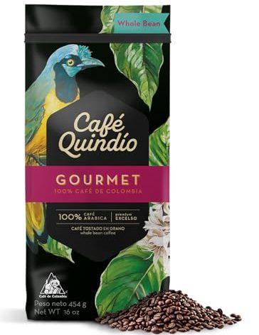 Cafe Quindio Gourmet - Medium Roast 100% Colombian Excelso Whole Bean Arabica Coffee - 16 Ounce Bag (454g)
