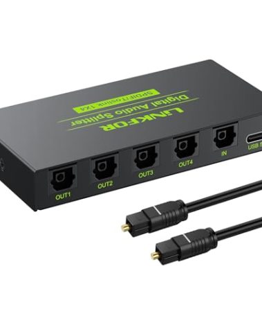 LiNKFOR Digital Optical Audio 1x4 Splitter Digital SPDIF Toslink Optical Fiber Audio Splitter 1 in 4 Out Aluminum Alloy with Optical Cable for PS3 Blue-Ray DVD HDTV