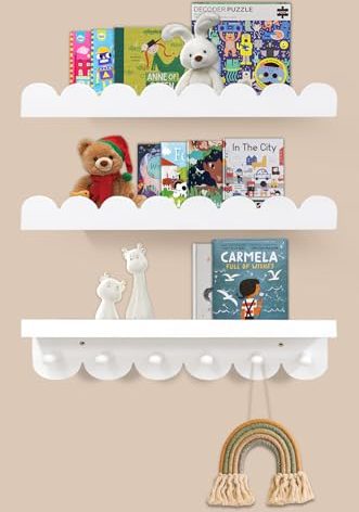 Iswabard Floating Nursery Book Shelves with Hooks-Scalloped Wall Book Shelves for Bedroom Kids Set of 3, Nursery Furniture Must Have, 16 Inch, White