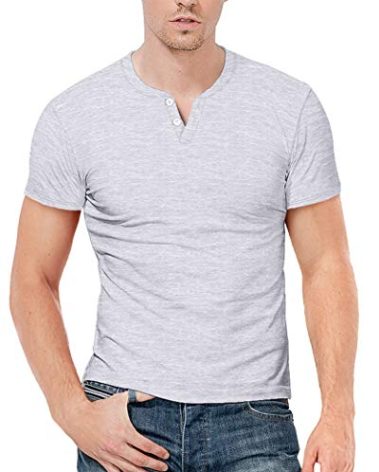 KUYIGO Mens Summer Casual Short Sleeve Henley T-Shirt 2 Button Placket Plain V Neck Slim Fit Shirts Grey Large