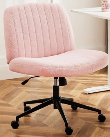 DUMOS Criss Cross Chair with Wheels, Legged Office Armless Wide Desk Seat with Dual-Purpose Base, Adjustable Swivel Teddy Fabric Task Vanity Home Bedroom, Pink