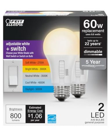 Feit Electric A19 LED Light Bulb, 60W Equivalent, Dimmable, Color Selectable 6-Way, 5CCT, E26 Medium Base, 90 CRI, 800 Lumens, 22-Year Lifetime, Damp Rated Lightbulb OM60DM/6WYCA/2, 2 Bulbs