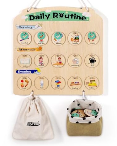Wooden Visual Schedule for Kids 3-6 Year Old - Three Rows Hanging Daily Schedule Chart for Home & Classroom - Morning Bedtime Routine Chart Chore Reward Chart for Toddlers - Autism Learning Materials