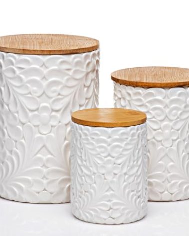 Engraved Design Kitchen Canisters Set of 3 with 74 Oz, 36 Oz, and 18 Oz - White Storage Jars for Countertop with Airtight Bamboo Lids - Large Flour Tea Coffee Sugar Spices Container - Decorative
