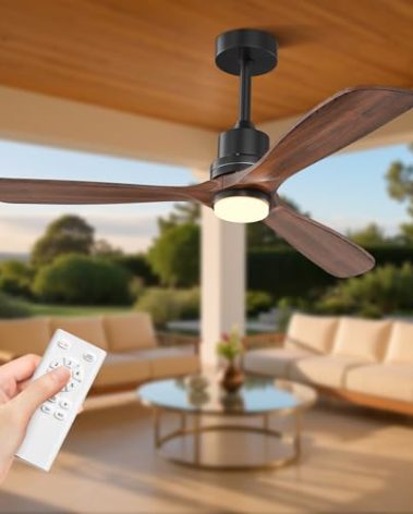 Obabala 52 Inch Ceiling Fans with Lights and Remote Control-Outdoor Ceiling Fan with Light 3 Walnut Wood Blade for Bedroom Living Room Indoor Farmhouse Patio, Reversible Noiseless DC Motor