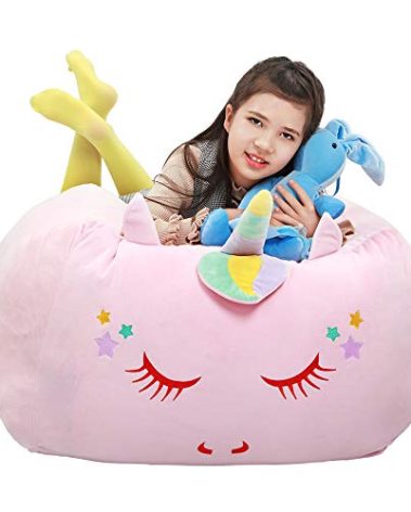 Unicorn Stuffed Animal Toy Storage, Kids Bean Bag Chair COVER ONLY, Velvet Extra Soft Stuffed Organization Replace Mesh Toy Hammock for Kids Blankets Towels Clothes Home Supplies Pink