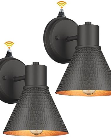 2 Pack Dusk to Dawn Outdoor Wall Sconces, Exterior Farmhouse Barn Light, Vintage Black Outside Wall Lighting Fixture with Hammered Shade, Anti-Rust Waterproof Outdoor Light for House Porch Garage