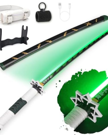 RENGENG Light Up Sanemi Sword, 40 Inches Rechargeable Plastic Anime Replica with Belt & Stand, Original Texture Anime Sword