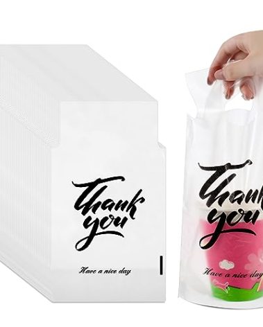 PerKoop 500 Pcs Drink Carrier for Delivery Clear Cup Carrier with Handle Thank You Drink Bags Single Take out Cup Carriers for Beverage Coffee Shop, Restaurant, Bakery, Bar(Classic)
