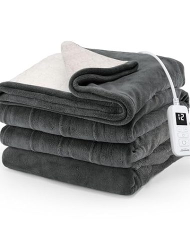 Sunbeam Electric Royal Luxe Microplush Reverse Sherpa Heated Blanket, 12 Heat Settings, 12-Hour Selectable Auto Shut-Off, Fast Heating, Warm and Cozy, Night Fog color, Twin, 84" x 62"