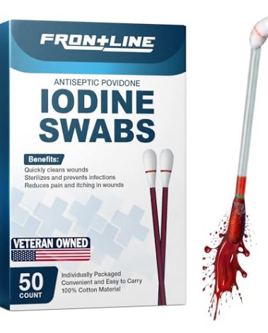FrontLine Povidone Iodine Swabs, Antiseptic Swabsticks, Iodine Solution, Cleansing Cotton Swab, Individually Wrapped Medical Supplies, Wound Care, First Aid, Wound Cleaner, Box of 50