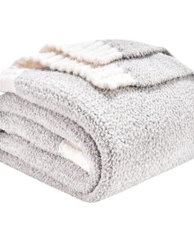 CozeCube Super Soft Fullfy Microfiber Reversible Knitted Blankets, Warm Cozy Fuzzy Plush Throw, Grey and White Melange Throw Blanket for Couch Bed Sofa, 60" x 80"