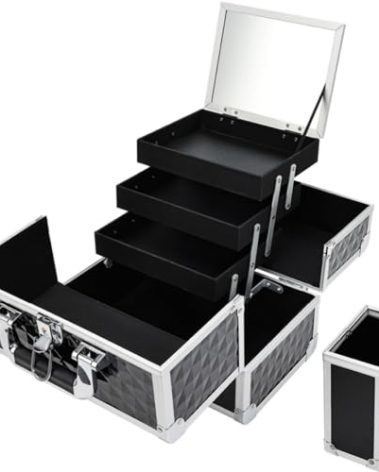 Yueieoun Makeup Train Case, 11.6 Inch Extra Large Makeup Box Organizer, 3-Tier Make up Case Professional Vanity Cases with Mirror Travel Cosmetic with Brush Holder for Artist,Nail, Skincare, Black