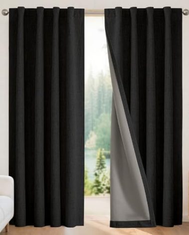 Joydeco Blackout Curtains for Bedroom - 100% Light Blocking 2 Panels Set Black Drapes 66" W x 90" L, Thermal Insulated Room Darkening Curtains, Linen Textured for Living Room, Rod Pocket & Back Tabs