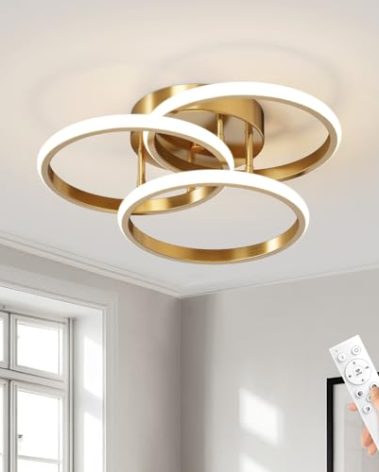 Dimmable LED Semi Flush Mount Ceiling Light Fixture with Remote Control 3-Color Dimming Circle Modern Chandelier, Close to Ceiling Bedroom Kitchen Hallways Balcony Corridor Lamp (15in- 3 Ring Gold)