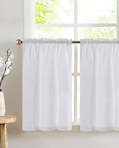 Lazzzy White Cafe 36 Inch Waffle Textured Tier Curtains for Bathroom Half Window and Living Room Bedroom Light Filtering Drapes Rod Pocket 2 Panels