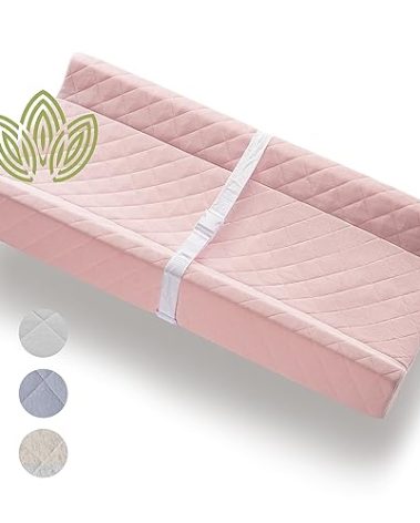 Organic Cotton Contoured Baby Changing Pad w/Waterproof Foam Mattress, Includes Soft, Removable & Washable Cover, Safety Strap, Non-Slip Bottom, Topper for Standard Size Infant Diaper Table & Dresser
