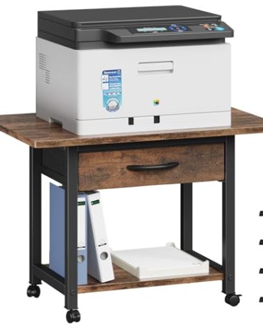 YAOHUOO Large Printer Stand with Storage Drawer, 2-Tier Under Desk Table for Home Office, Fits Fax Machine/3D Printer/Scanner (Brown)