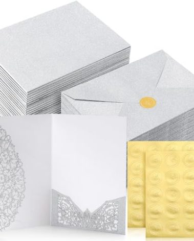 PerKoop 100 Set 5 x 7 Laser Cut Wedding Invitation with Envelopes and Wax Seal Stickers Blank Pocket Invitation Cards Kit for Wedding Bridal Shower Engagement Invite(Silver)