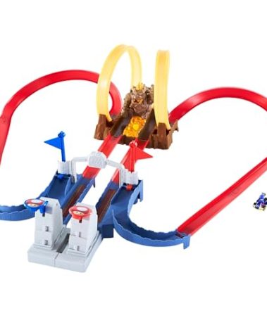 Hot Wheels Mario Kart Bowser’s Castle Chaos Modular Track with Side by Side Racing Lap Flags and Bowser Figure Connects to Other Sets Gift idea for Ages 3 Years and Older