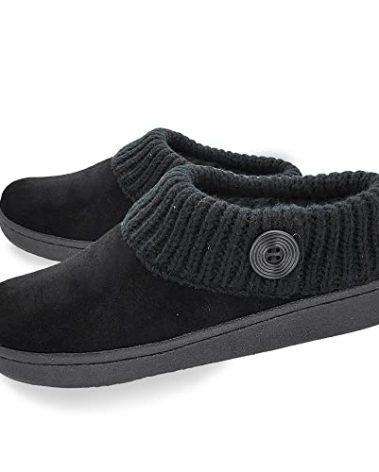 Clarks Womens Suede Leather Comfort Clog Knitted Collar Slipper - Plush Faux Fur Trim - Indoor Outdoor House Slippers For Women (Black/Black 8M)