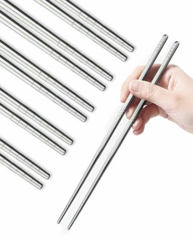 IQCWOOD Metal Chopsticks, 5 Pairs 304 Stainless Steel Chopstick, Lightweight Non-Slip Korean Reusable Chop Sticks Dishwasher Safe Gift Set (Silver)
