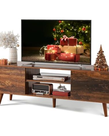 WLIVE TV Stand for 55 60 inch TV, Mid Century Modern TV Console, Entertainment Center with Storage for Living Room, Retro Brown