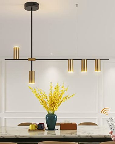 Siittoo Pendant Light Fixtures, Dimmable Modern LED Chandelier Lighting with Spotlights, Adjustable Linear Hanging Pendant Light for Kitchen Island Dining Room Living Room (Black,Gold 30W)