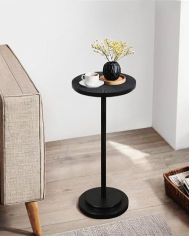 COVLON Drink Table, Carved Table Top Martini Table, Small Side Table, Weighted Base Pedestal Table for Living Room, Bedroom, Modern, Black, 1-Pack