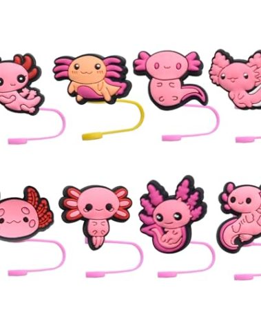 BUKBUVLO Reusable Silicone Straw Top Tip Cover Plug Cap Topper 8-10mm Compatible with Stanley 30 Oz 40 Oz Tumbler,Water Drink Cups Accessory (8pcs Pink Axolotl)