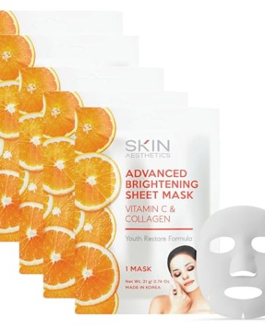 Skin Aesthetics Vitamin C & Collagen Sheet Face Mask - Reduces Wrinkles & Age Spots, Hydrating - Dermatologist Tested Korean Skincare - Clean Beauty, Cruelty-Free - 5 Masks