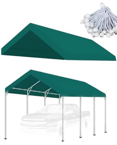 10'x20' Carport Replacement Top Canopy Cover for Car Garage Top Tarp Shelter, Waterproof Car Cover Tent for Party Garden Boat with Ball Bungees (Frame is not Included) (Greem, 10' x 20')