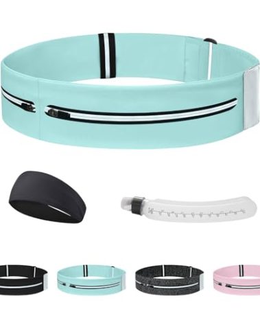 Running Belt for Women and Men, Adjustable Fanny Packs No Bounce Phone Holder for Running with Water Bottle & Headband, Waterproof Reflective Waist Packs for Runner Fits All Phones (L-Blue)