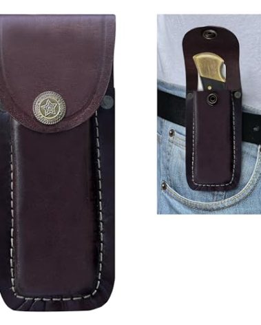 LEATHUX Leather Knife Sheath for Belt, Handmade 5.5” Folding Knife Holster, Compatible with Buck 110 & 112, Pocket Knife Holder, Brown