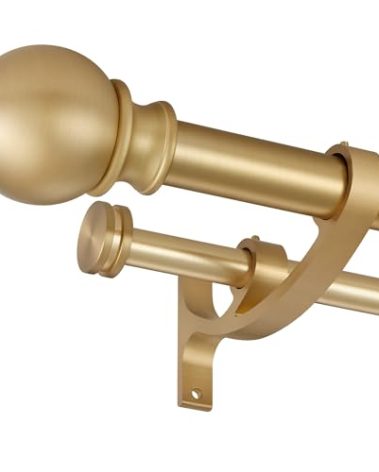 Lwiiom Double Curtain Rods with Aluminum Bouquet Brackets and Round Finials,Warm Gold Curtain Rods for Windows 72 to 144 inch,1-Inches Front and 5/8 Inches Back Double Window Drapery Rod